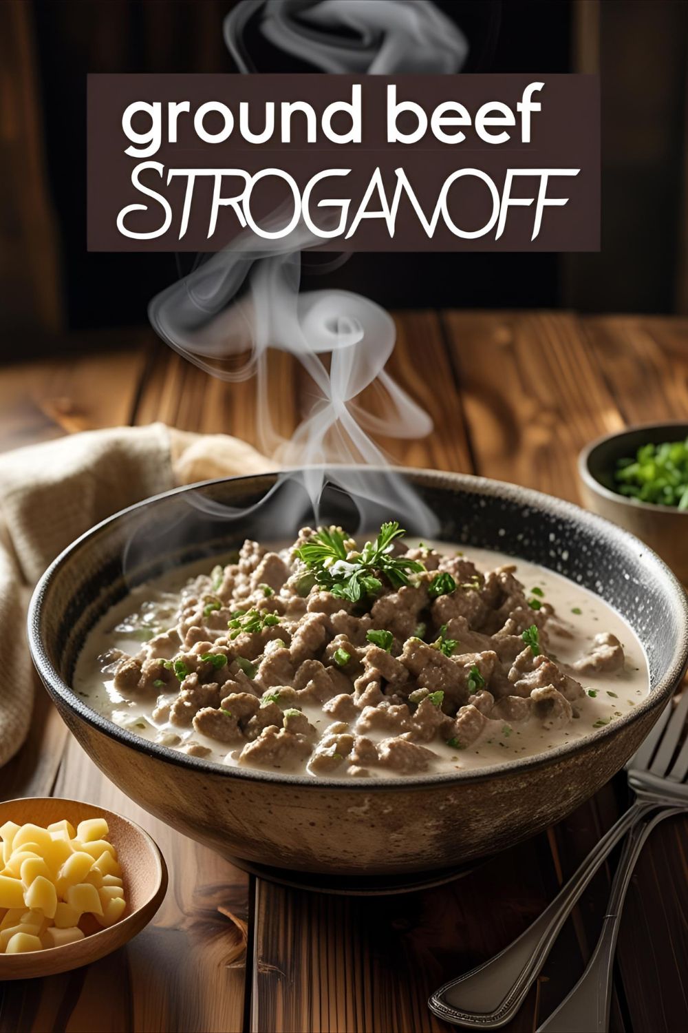 Creamy ground beef stroganoff on noodles garnished with parsley